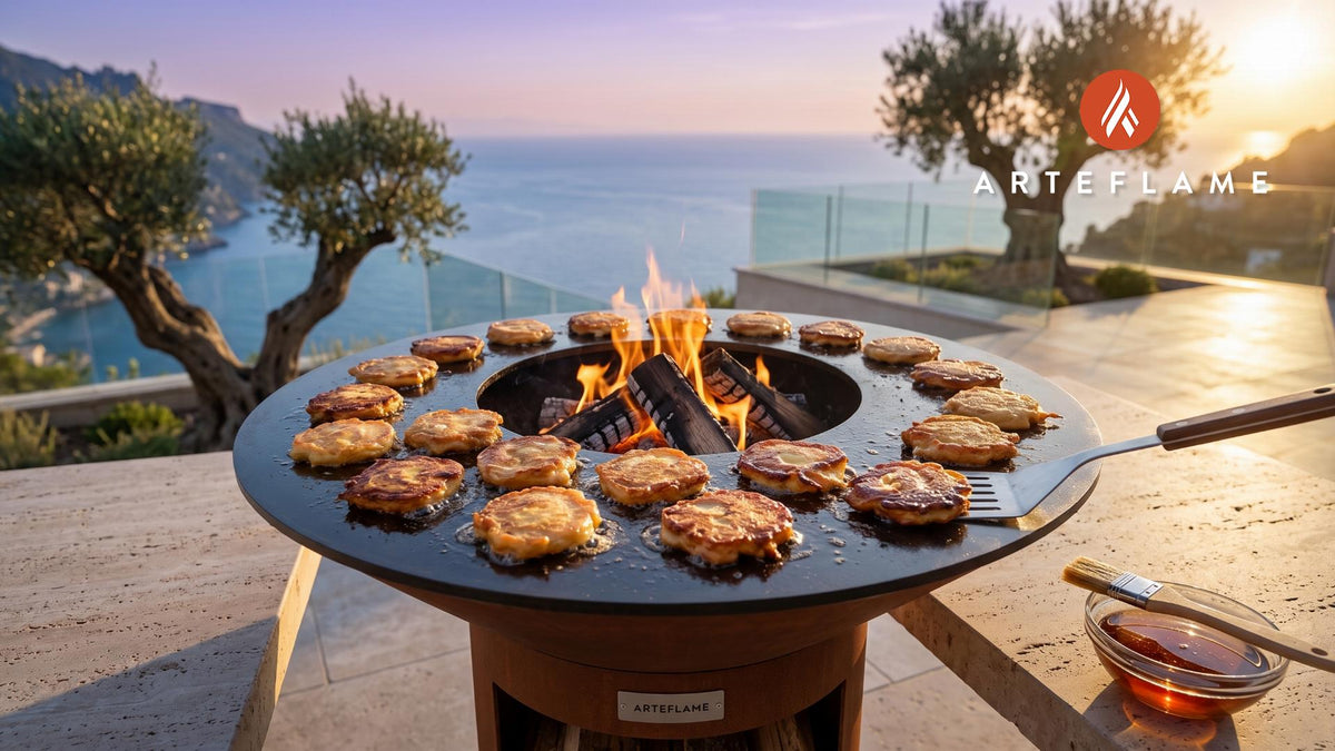 Crispy Apple Fritters (Vermont Maple Style) cooking on an Arteflame grill