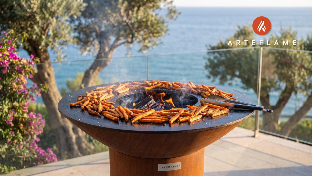Crispy Sweet Potato Fries (Vermont Maple Glazed) cooking on an Arteflame grill