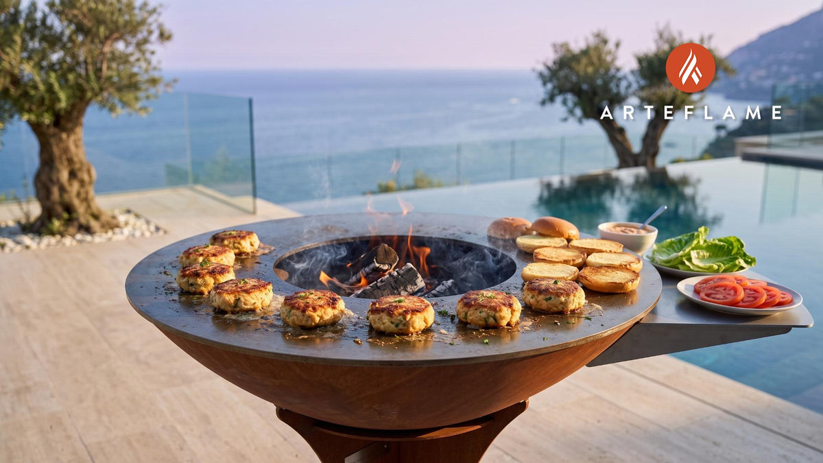 Seared Crab Cake Sliders (Virginia Style) cooking on an Arteflame grill