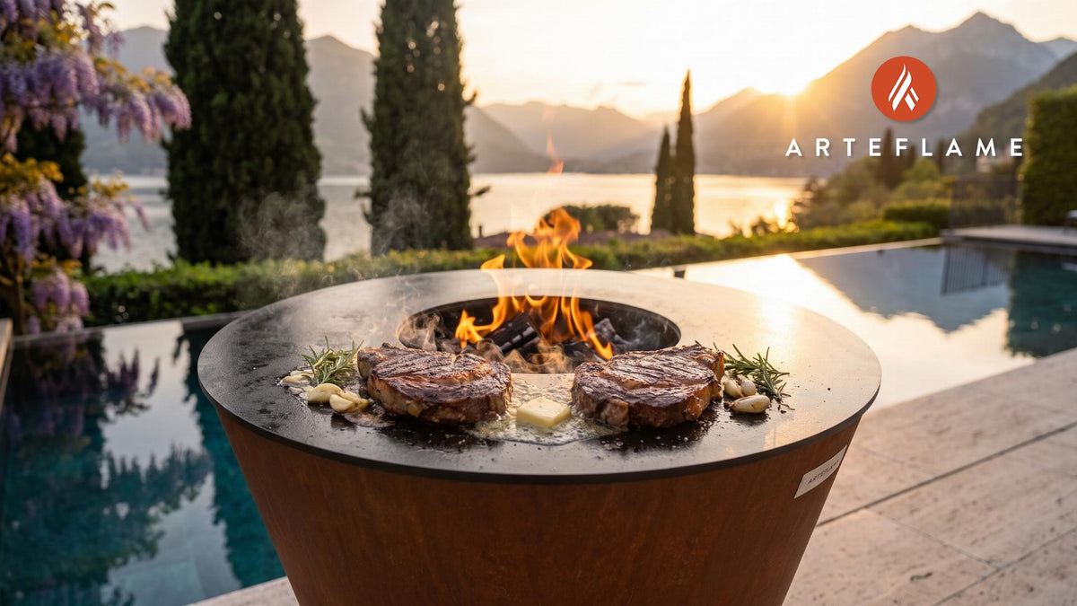 Juicy Grilled Black Angus Steak (Virginia Style) cooking on an Arteflame grill