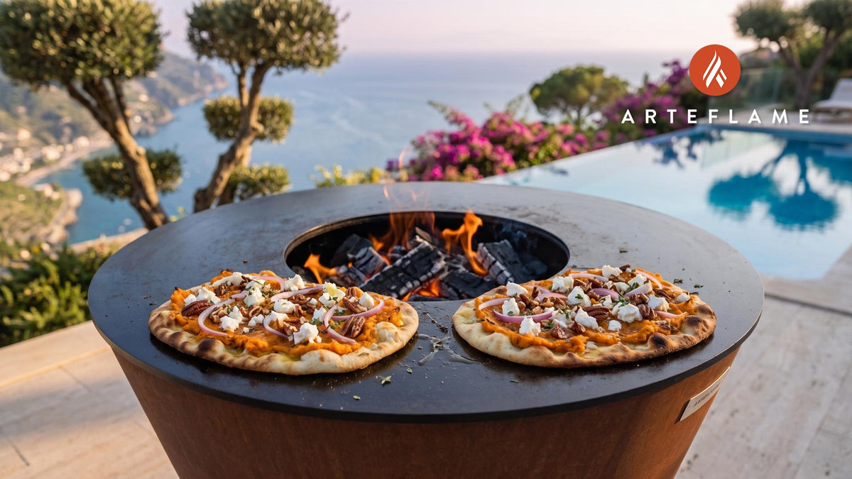 Grilled Sweet Potato & Pecan Flatbread (Virginia Style) cooking on an Arteflame grill