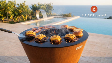 Grilled Peanut Burgers (Virginia Style) cooking on an Arteflame grill