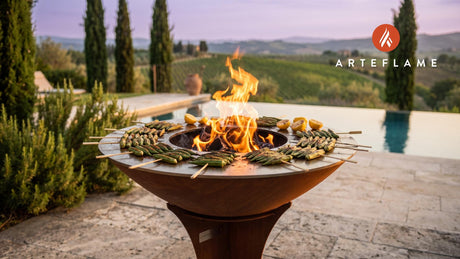 Charred Grilled Okra Skewers (Virginia Style) cooking on an Arteflame grill
