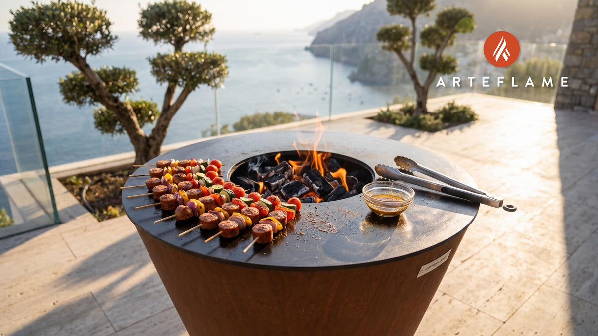 Spicy Andouille Sausage Skewers (Virginia Style) cooking on an Arteflame grill