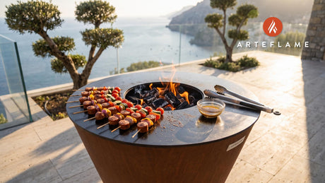 Spicy Andouille Sausage Skewers (Virginia Style) cooking on an Arteflame grill