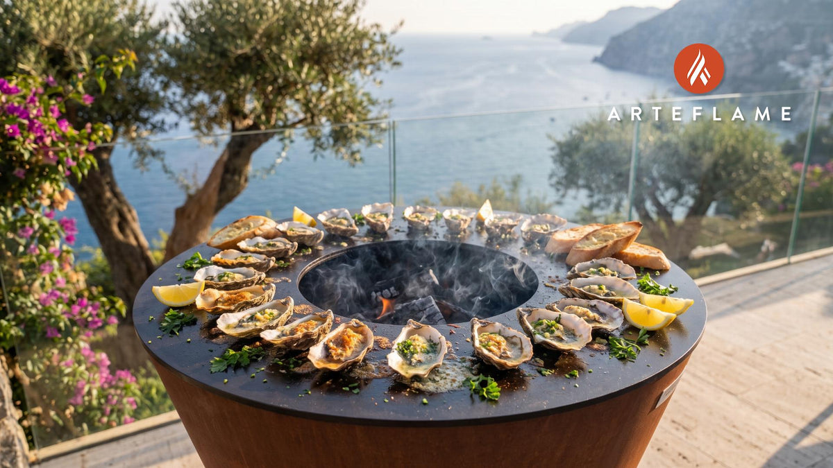 Grilled Pacific Oysters (Washington Style) cooking on an Arteflame grill