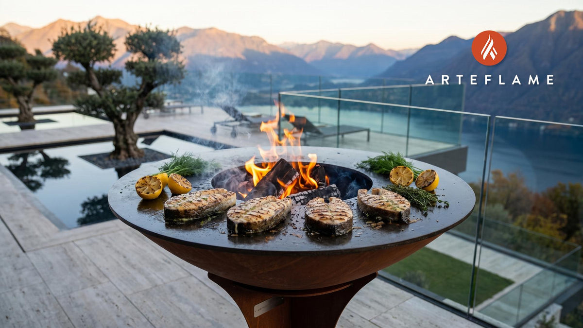 Grilled Columbia River Sturgeon (Washington Style) cooking on an Arteflame grill