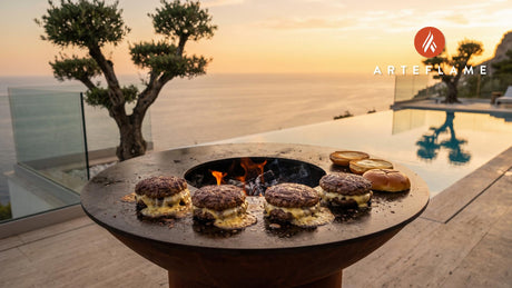 Cheese Stuffed Burgers (Washington Cougar Gold) cooking on an Arteflame grill