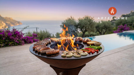 Grilled Olympia Sausages (Washington Artisan) cooking on an Arteflame grill