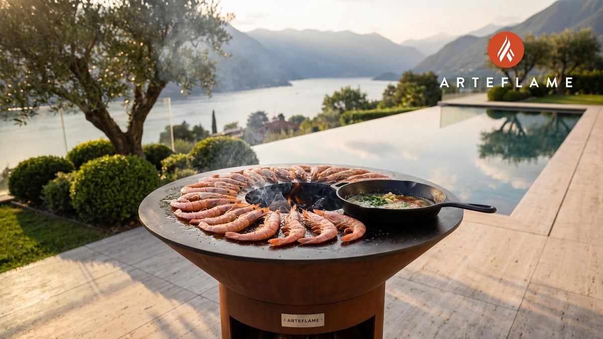 Grilled Spot Prawns & Citrus Butter (Washington) cooking on an Arteflame grill