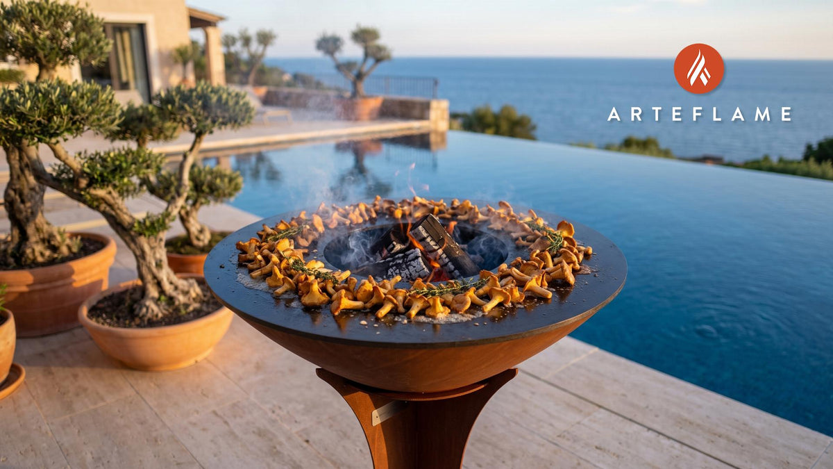 Grilled Chanterelle Mushrooms with Butter (Washington Style) cooking on an Arteflame grill