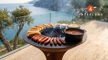 Grilled Hot Dogs with Chili & Slaw (West Virginia Style) cooking on an Arteflame grill