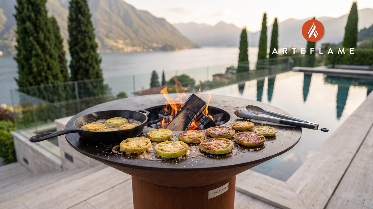 Skillet Fried Green Tomatoes (West Virginia Style) cooking on an Arteflame grill