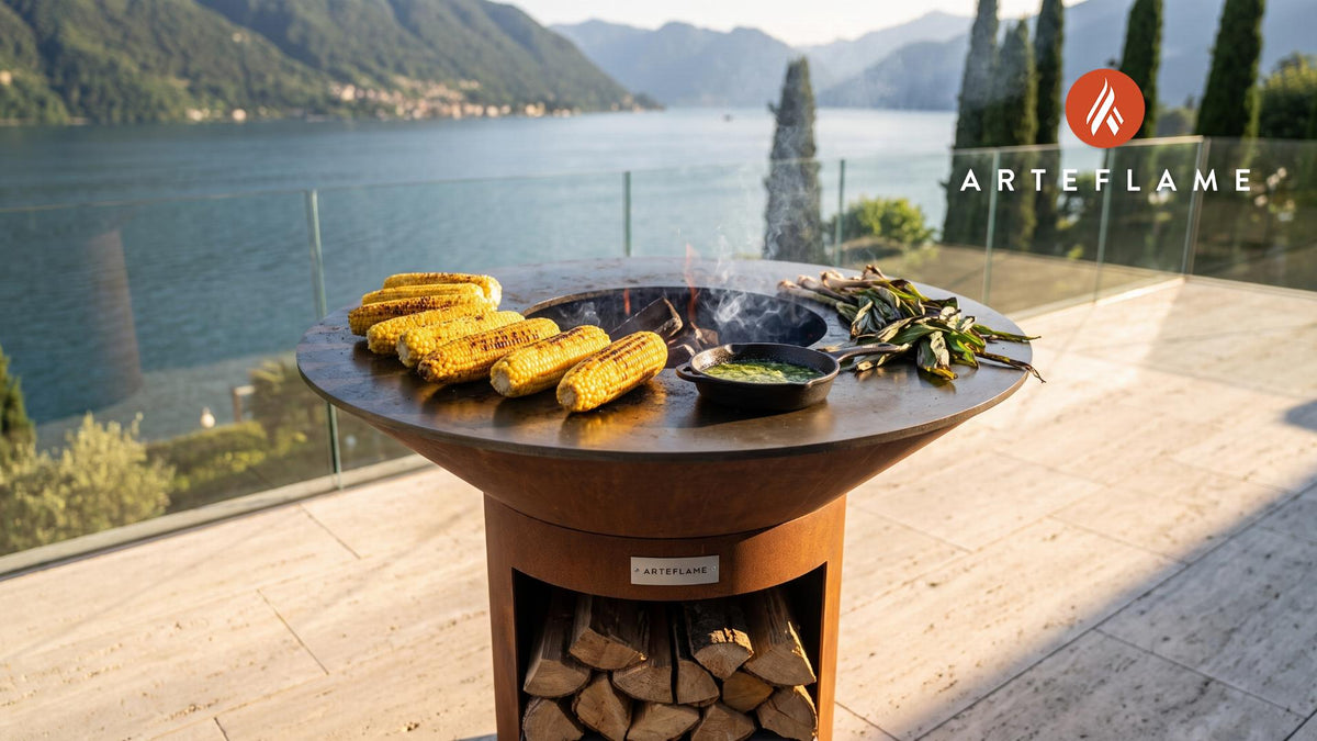 Grilled Sweet Corn with Ramp Butter (West Virginia Style) cooking on an Arteflame grill