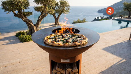 Grilled Ramp & Mushroom Pizza (West Virginia Style) cooking on an Arteflame grill