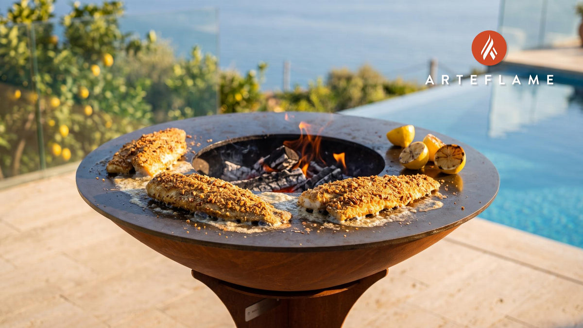 Grilled Catfish with Pecan Crust (West Virginia Style) cooking on an Arteflame grill