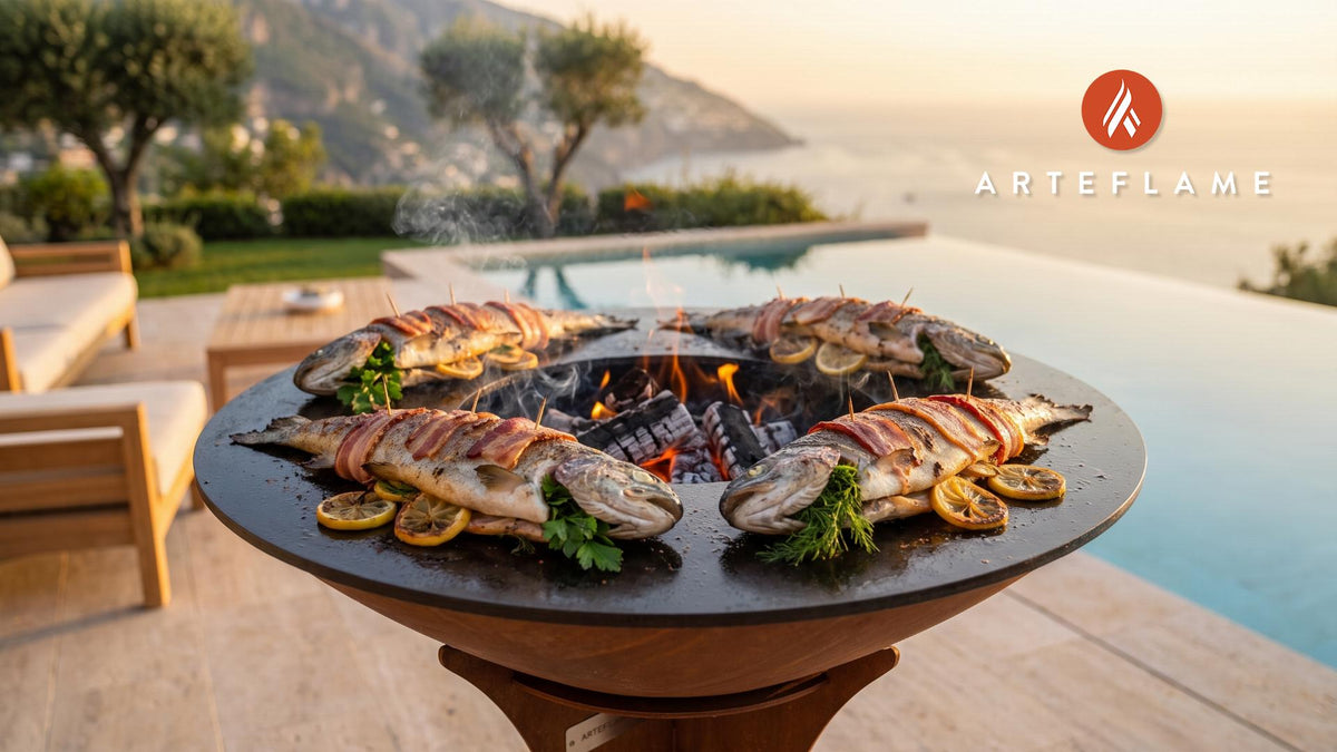 Grilled Bacon Wrapped Trout (West Virginia Style) cooking on an Arteflame grill