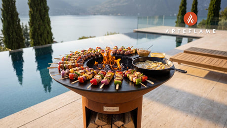 Grilled Brat & Cheese Skewers (Wisconsin Style) cooking on an Arteflame grill