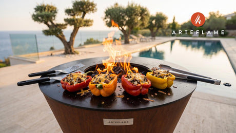 Grilled Wild Rice Stuffed Peppers (Wisconsin Style) cooking on an Arteflame grill