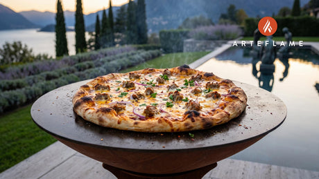 Grilled Sausage Pizza (Wisconsin Cheddar) cooking on an Arteflame grill