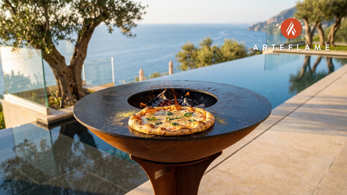Grilled Five-Cheese Pizza (Wisconsin Style) cooking on an Arteflame grill