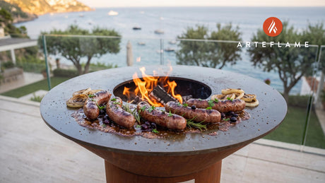 Grilled Elk Sausage (Wyoming Campfire Style) cooking on an Arteflame grill