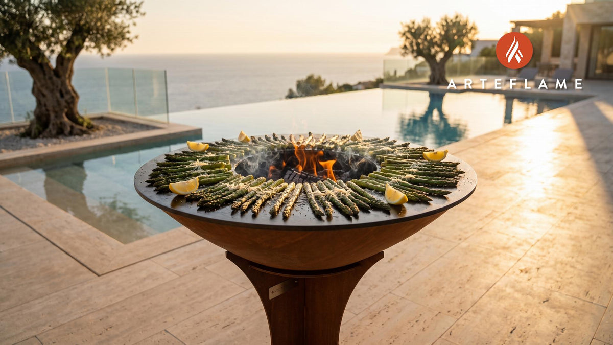 Grilled Ranch Asparagus (Wyoming Style) cooking on an Arteflame grill