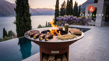 Grilled Jalapeno Cheddar Sausages (Wyoming Style) cooking on an Arteflame grill
