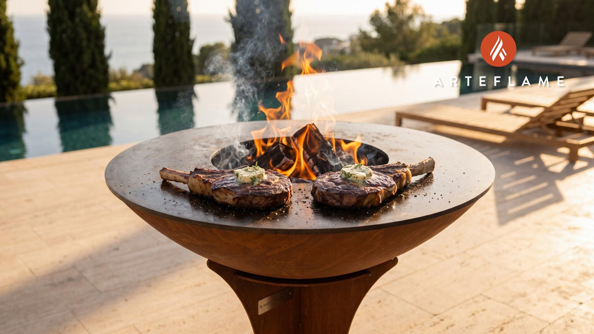 Steakhouse-Style Grilled Ribeye Steak with Garlic Herb Butter cooking on an Arteflame grill