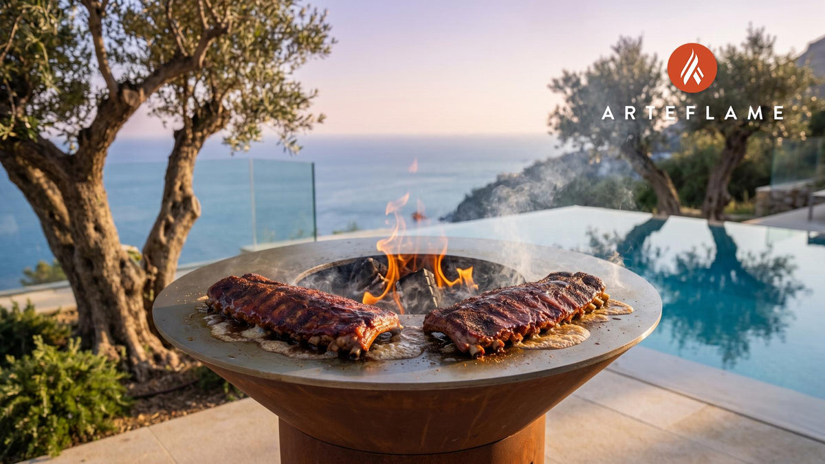Grilled BBQ Baby Back Party Ribs cooking on an Arteflame grill