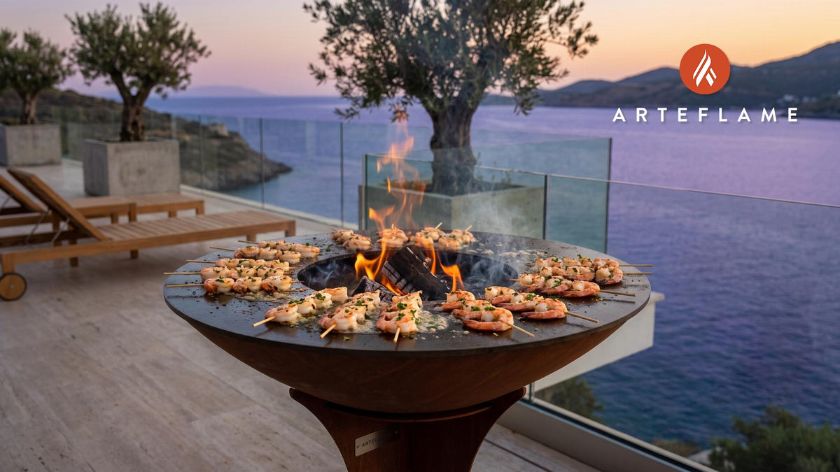 Garlic Butter Grilled Shrimp Skewers cooking on an Arteflame grill