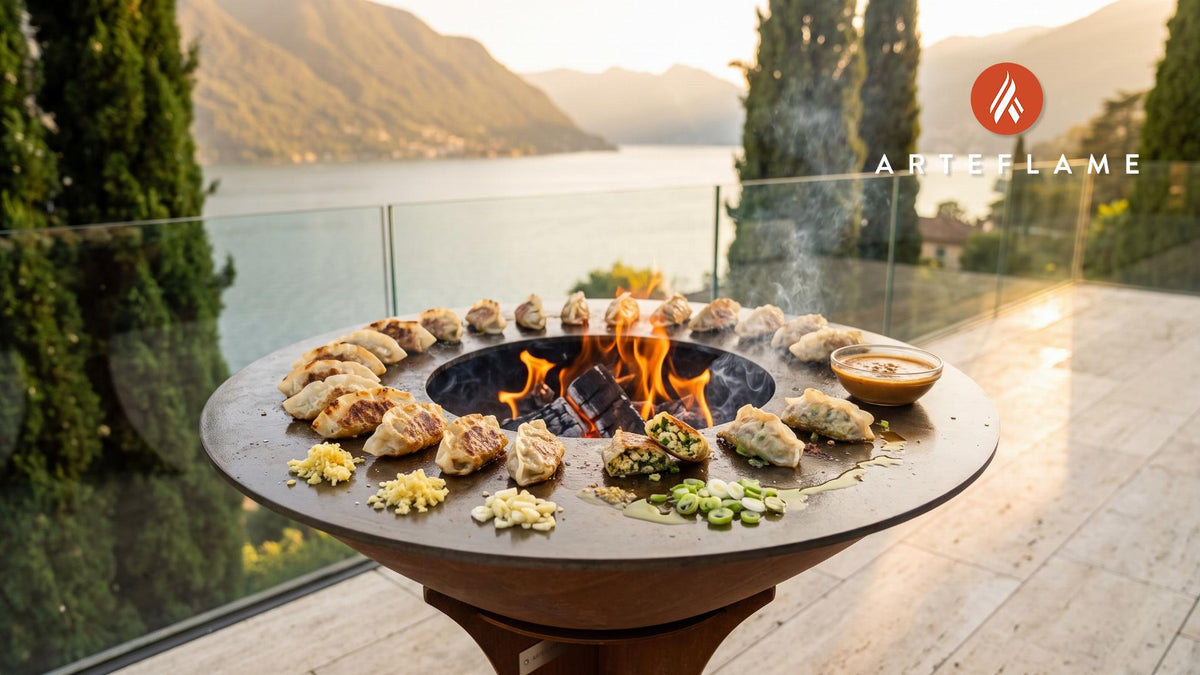 Grilled Crispy Rice Paper Dumplings cooking on an Arteflame grill