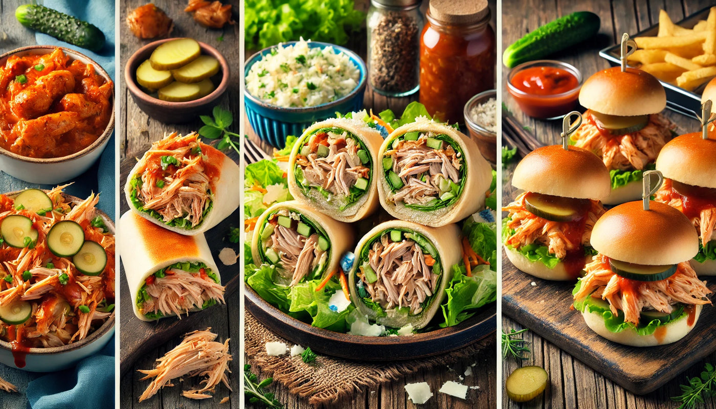 A collage of three dishes using rotisserie chicken: tacos with fresh toppings, creamy Alfredo pasta, and light lettuce wraps. Presented in a rustic, appetizing style.