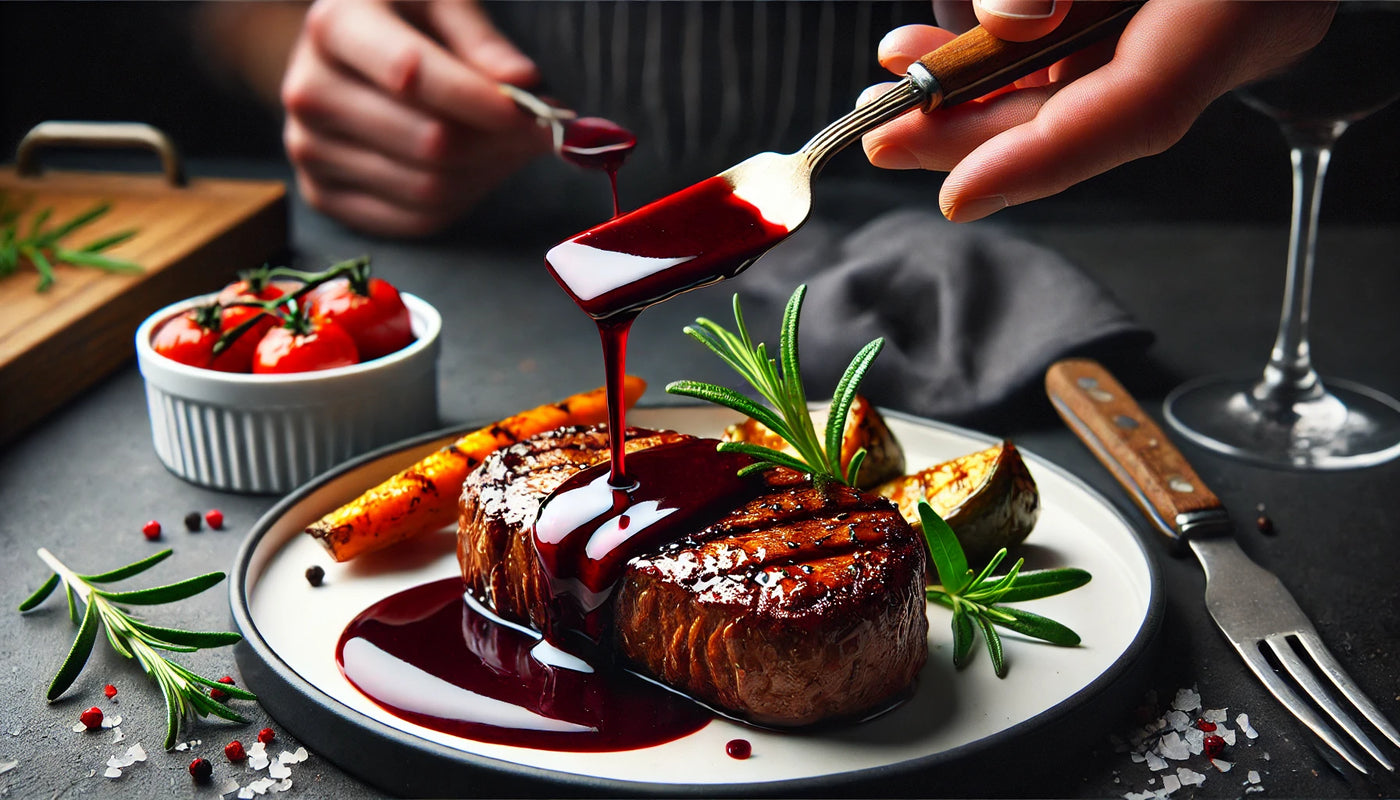 Red wine reduction sauce over steak.