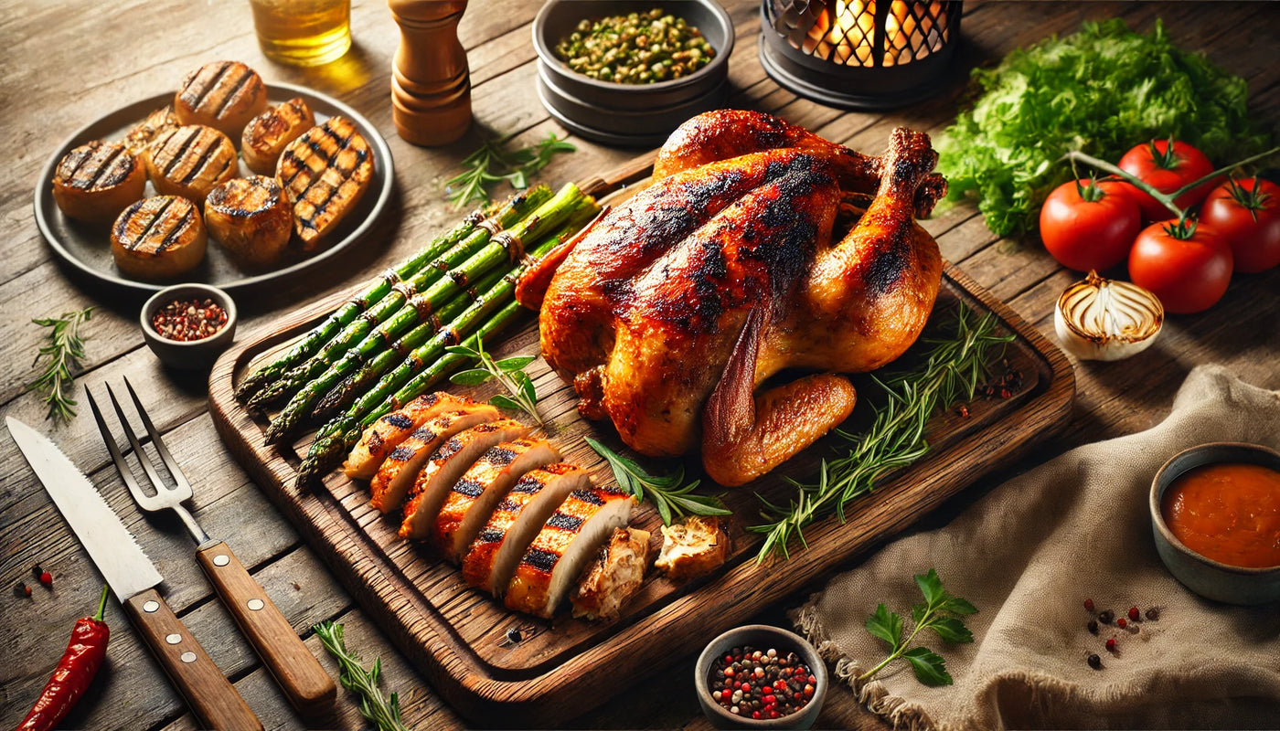 A golden rotisserie chicken alongside grilled chicken pieces with charred edges, served on a wooden board with fresh herbs and vegetables.