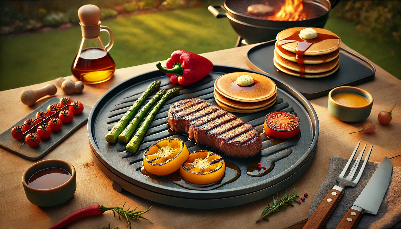 Smooth, round griddle for barbecue grills with sizzling meats, vegetables, and pancakes. Perfectly cooked food on a flat-top griddle outdoors.