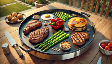 Grilled meats and vegetables sizzling on a smooth, round griddle. Juicy steaks, vibrant bell peppers, asparagus, and golden pancakes cooking to perfection outdoors