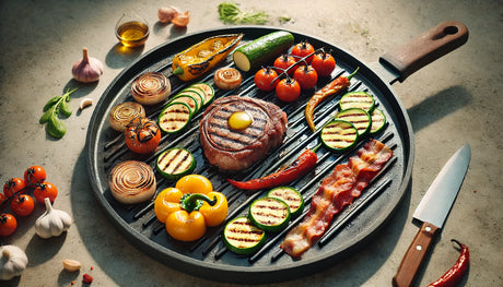 A round, smooth griddle surface with a seared steak, caramelized vegetables, and sizzling bacon, showcasing vibrant colors and rich textures under natural light.