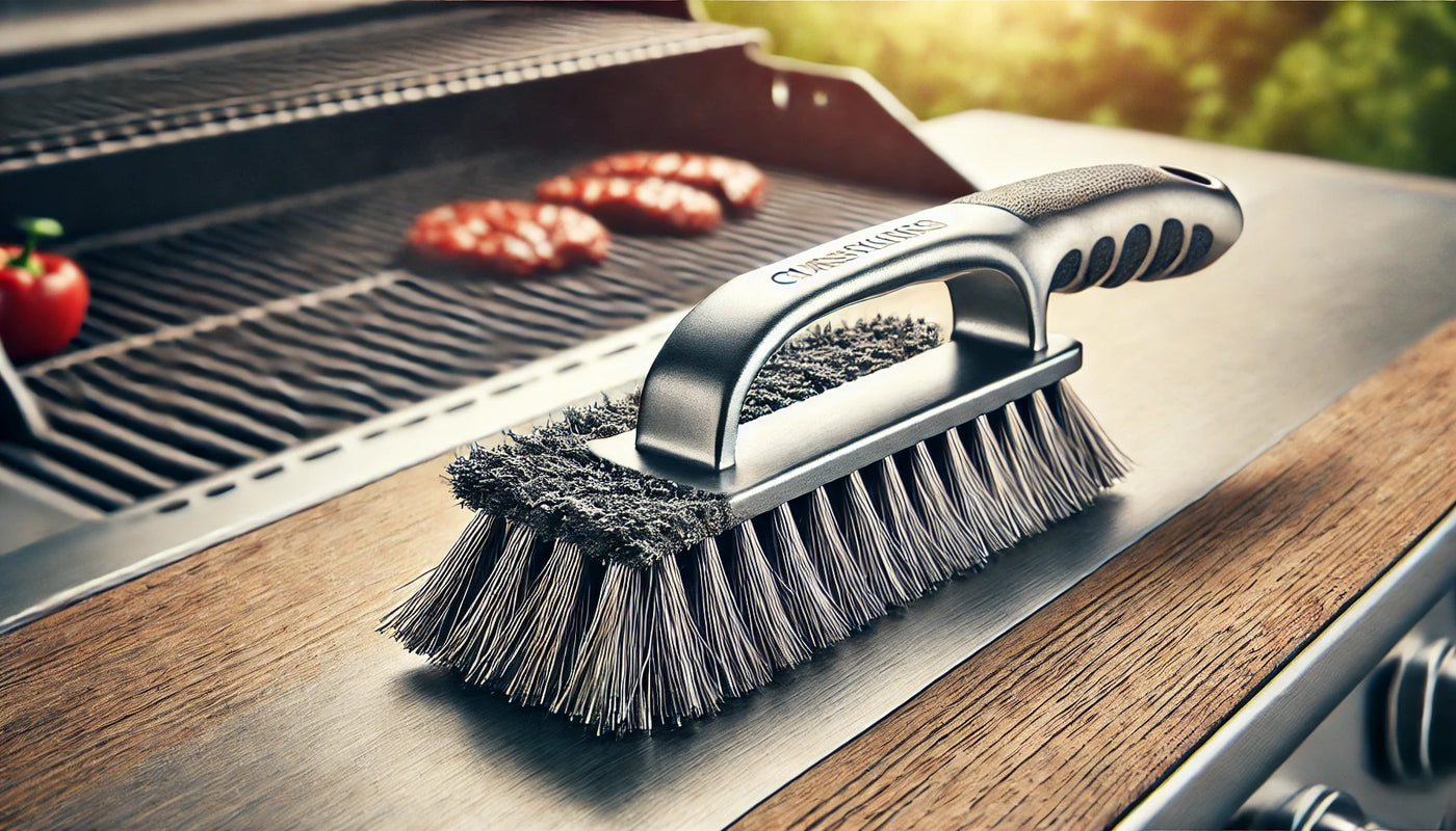 A comparison of a worn wire brush with loose bristles next to a stainless steel scraper with a smooth blade on a clean grill, emphasizing safe cleaning tools.