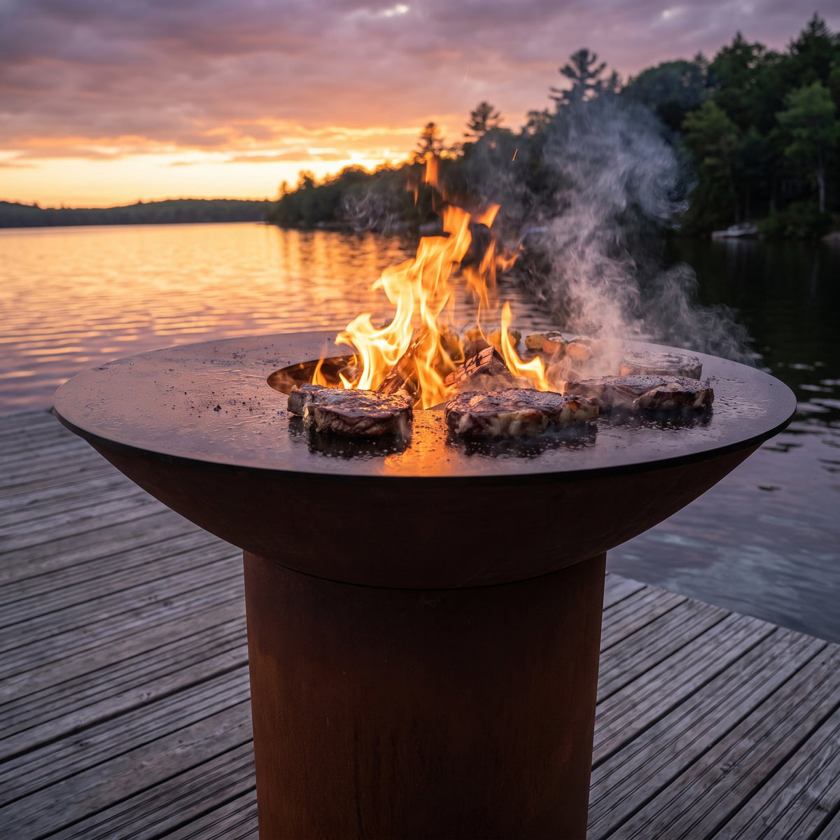 Ribeye steaks searing next to a roaring wood fire on an Arteflame wood-fired flat-top grill with a round Corten steel base