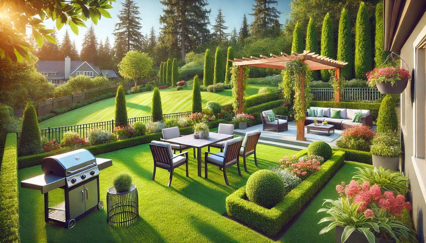 A serene backyard featuring a lush green lawn, colorful flower beds, and modern patio furniture under a pergola, surrounded by neatly trimmed hedges and tall trees.