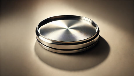 A stainless steel griddle showing stuck-on food and cleaning tools like scrubbing pads and degreaser, highlighting its cleaning challenges.