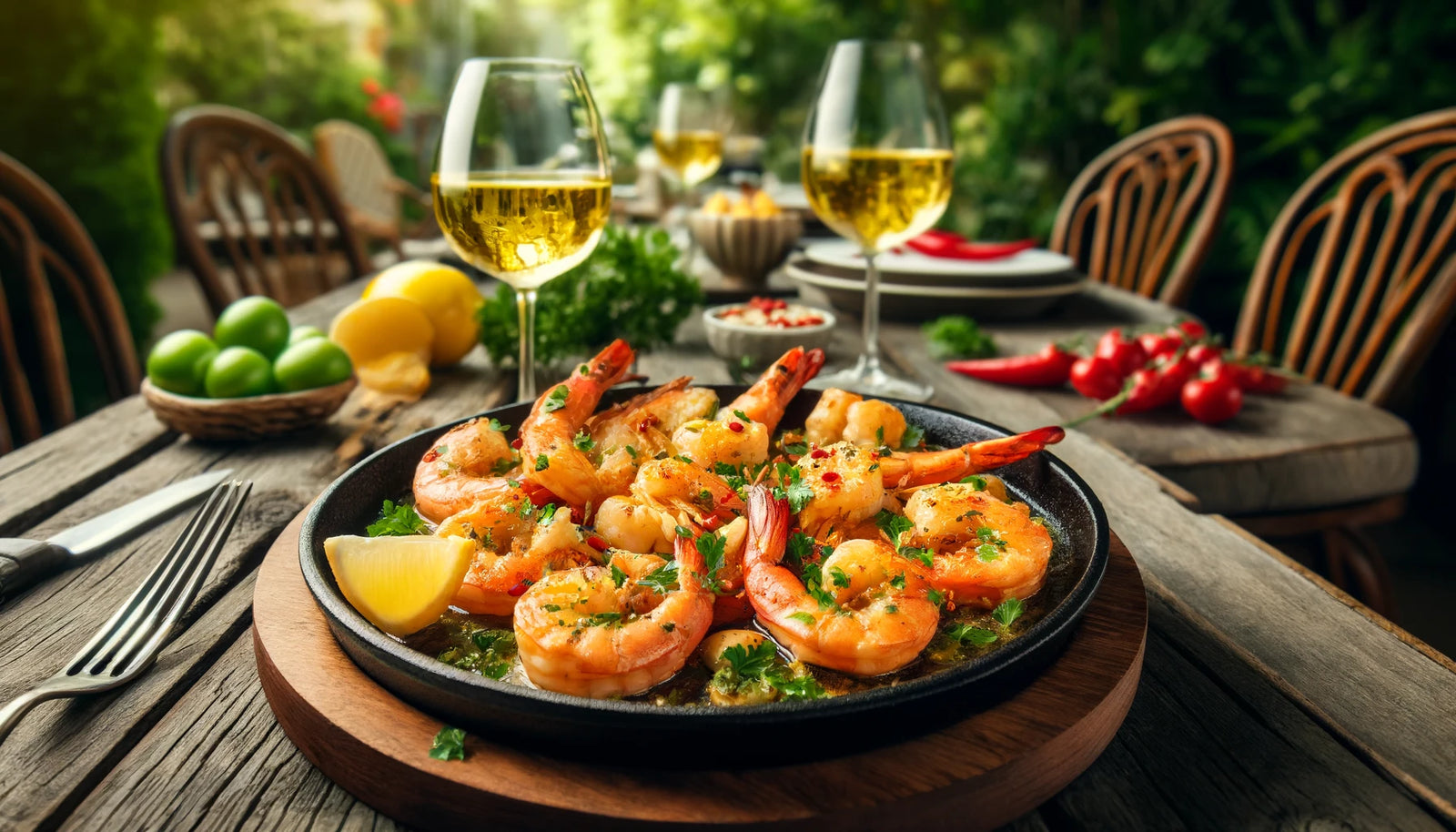 sizzling plate of Gambas al Ajillo