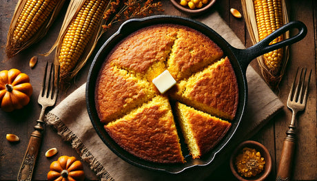 Golden skillet cornbread with a crispy edge