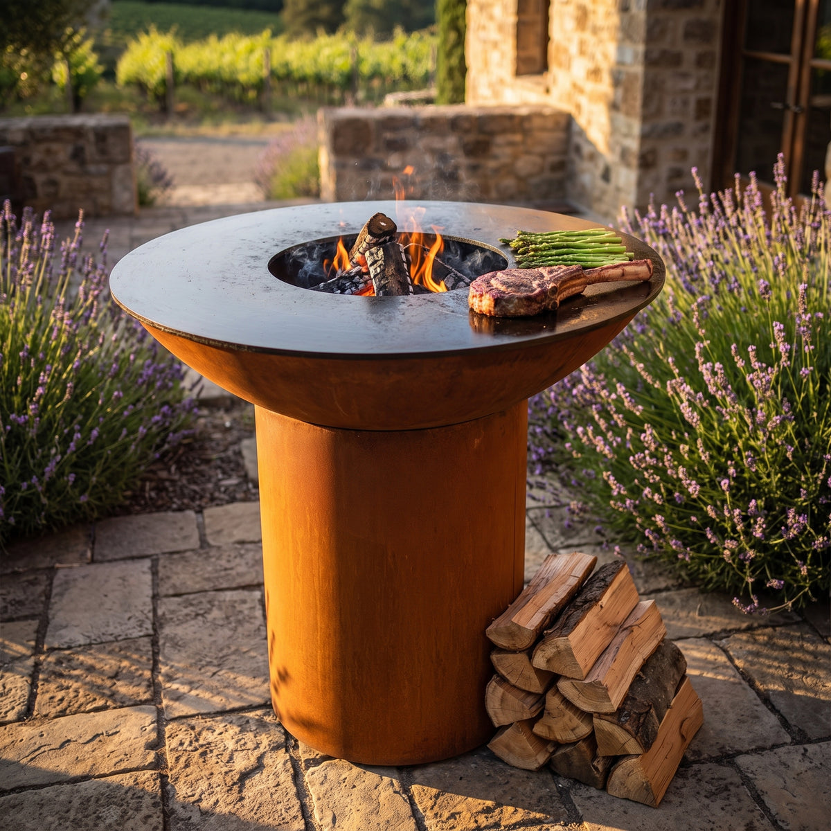 Arteflame wood-fired flat-top grill with round Corten steel base: Small Charcoal Grills Benefits