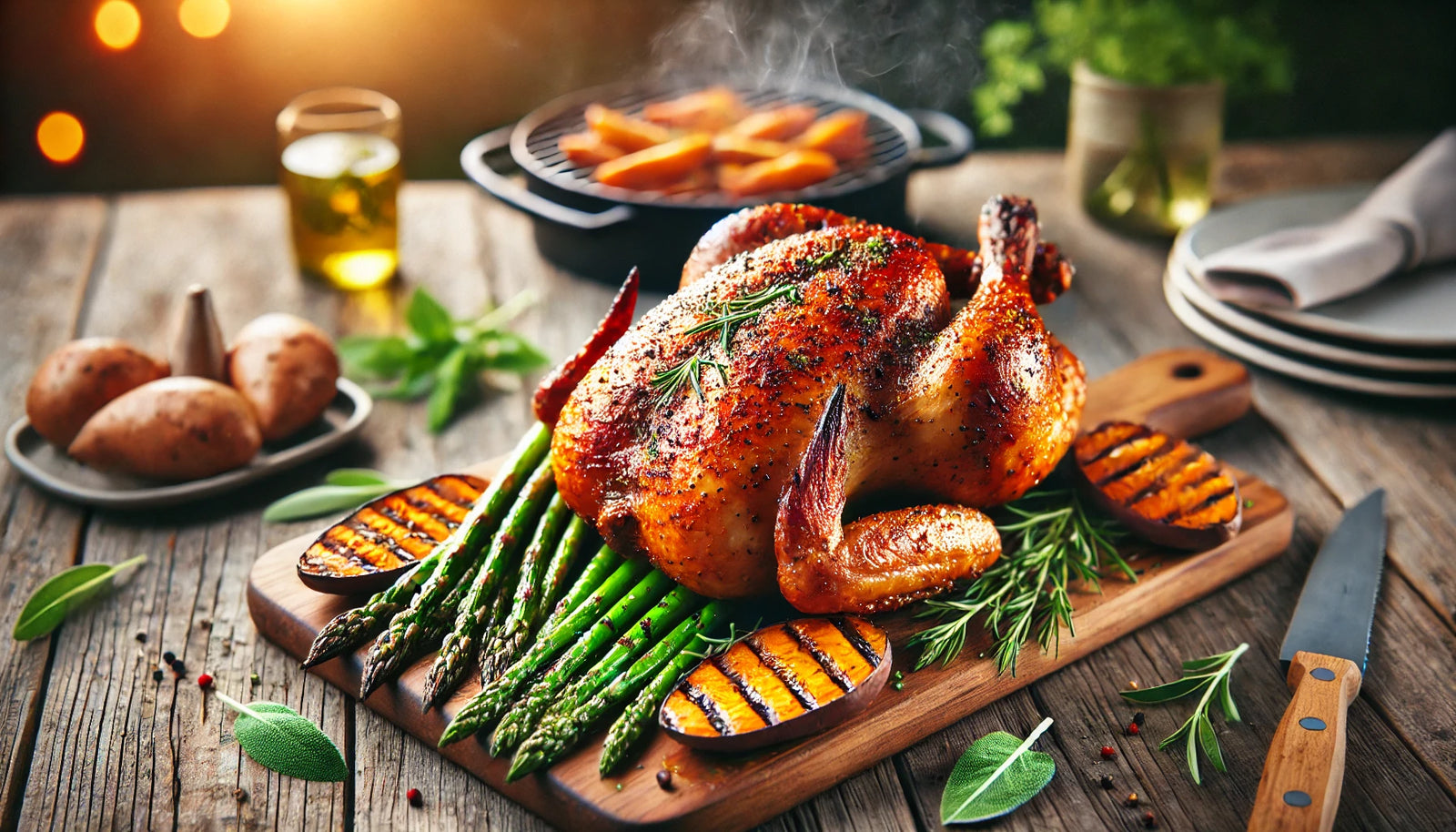 A golden-brown rotisserie chicken seasoned with Smokehouse Maple, resting on a cutting board with grilled sweet potatoes and asparagus in a rustic outdoor setting.