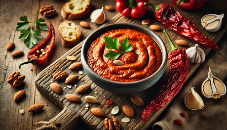 Romesco sauce, made from roasted peppers, garlic, and almonds, has a smoky, rich orange-red color and looks deliciously rustic