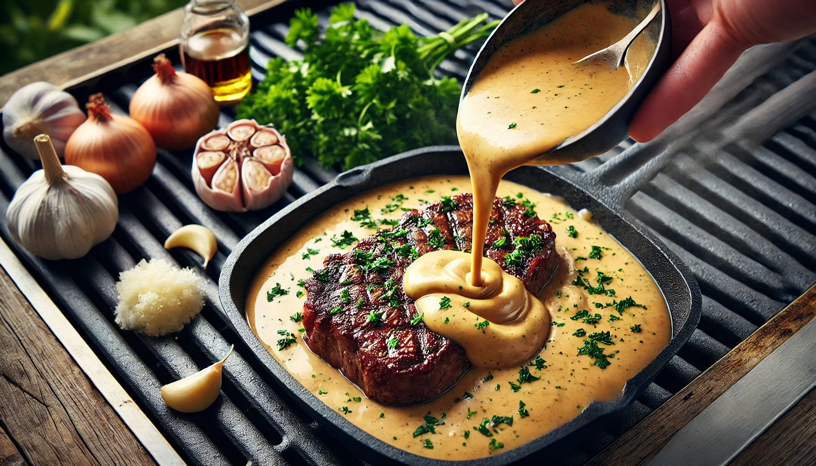 rich, creamy Steak Diane sauce being prepared on the flat-top surface of an outdoor grill