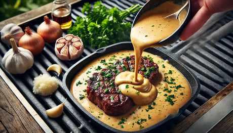 rich, creamy Steak Diane sauce being prepared on the flat-top surface of an outdoor grill