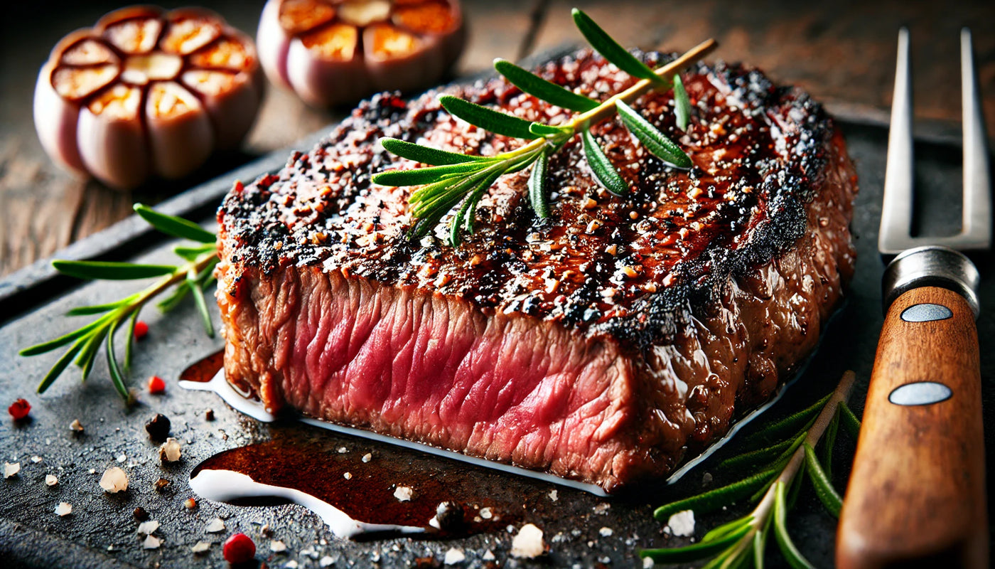 A perfectly grilled steak close-up, showcasing a juicy medium-rare center with charred crust, replicating steakhouse-quality in your backyard.